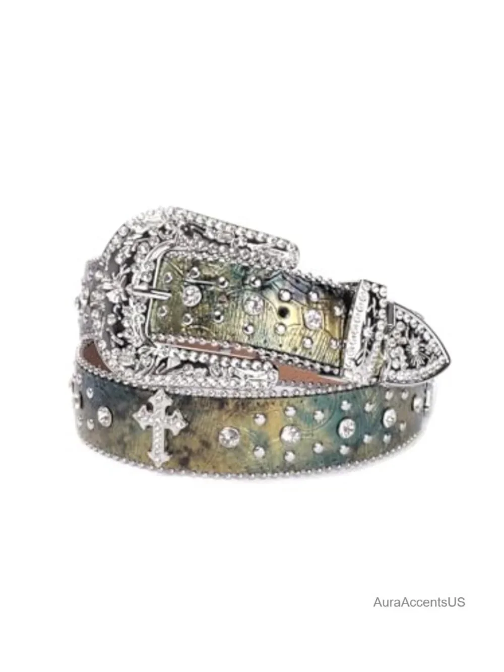 Rhinestone Western Cowboy Belt with Bling Cross Design for Jeans